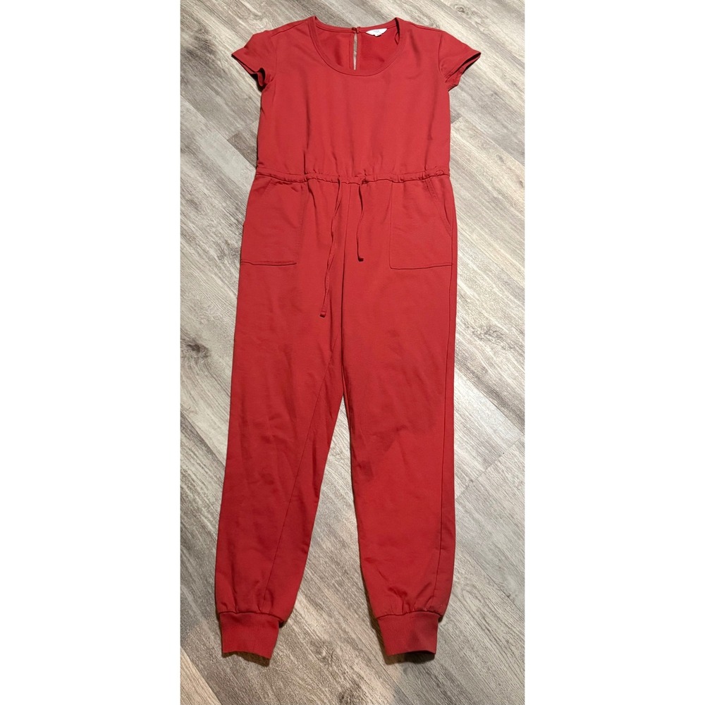 Time and Tru Red Short Sleeve Drawstring Waist Jumpsuit Women's Size S